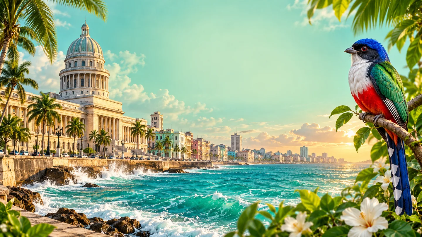 Composición ilustrada del Capitolio, el Malecón habanero y el tocororo, ave nacional de Cuba